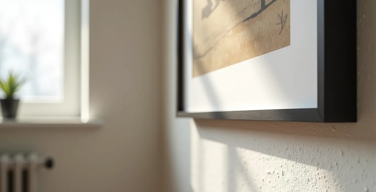 Querschnitt einer Bildmontage mit Abstandshaltern zur Wand, der den entscheidenden Luftspalt zur Schimmelprävention zeigt.