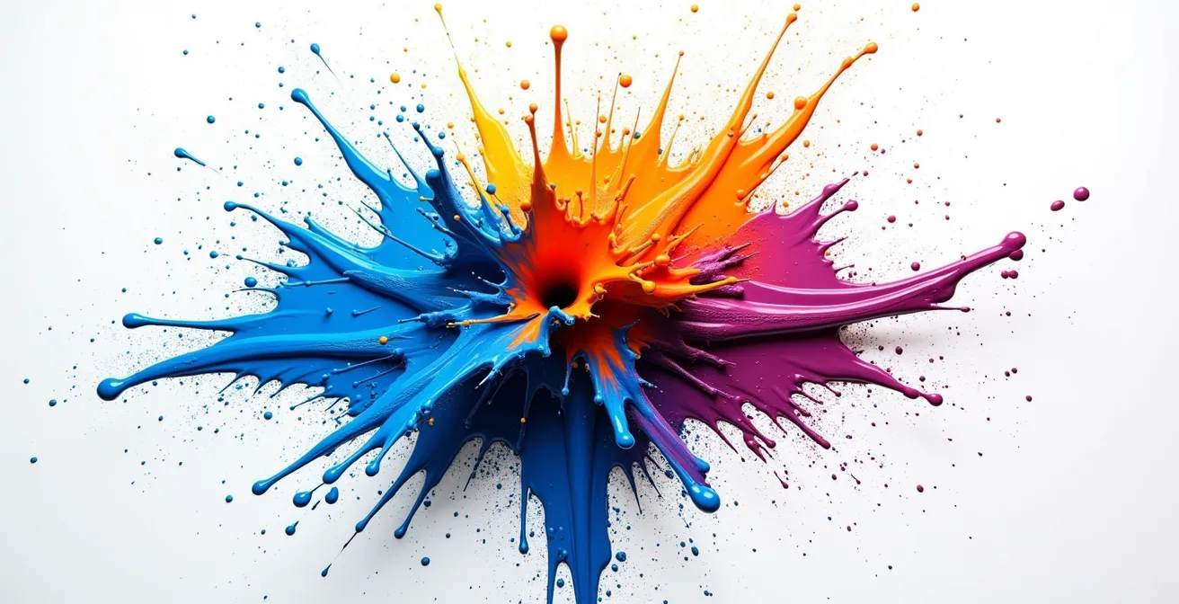 Abstrakte Farbexplosion auf weißer Leinwand symbolisiert kreatives Denken