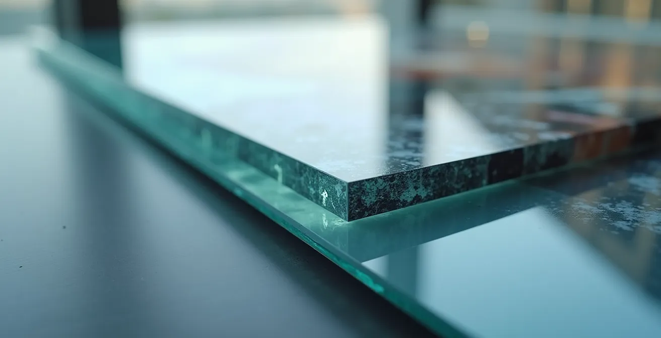 Nahaufnahme von hochglänzendem Acrylglas, das die Linien eines Architekturfotos bricht und Tiefe erzeugt