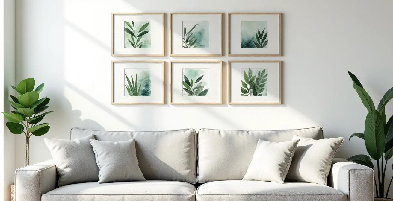 Sechs kleine botanische Aquarelle in einer harmonischen Rasterhängung über einem hellgrauen Hygge-Sofa.
