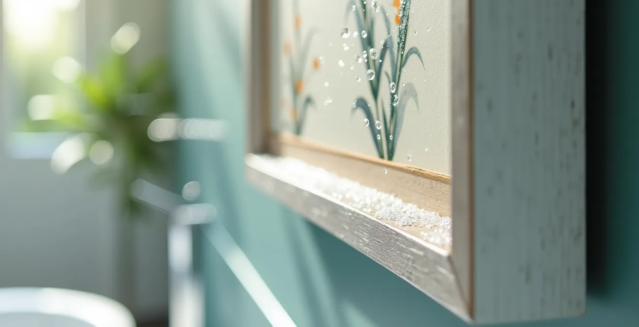 Versiegeltes Aquarellbild hinter Museumsglas im modernen deutschen Badezimmer