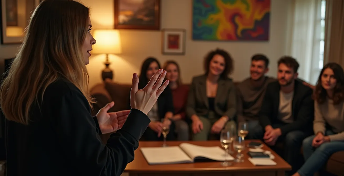 Künstlergespräch in intimem Wohnzimmerrahmen mit aufmerksamen Zuhörern