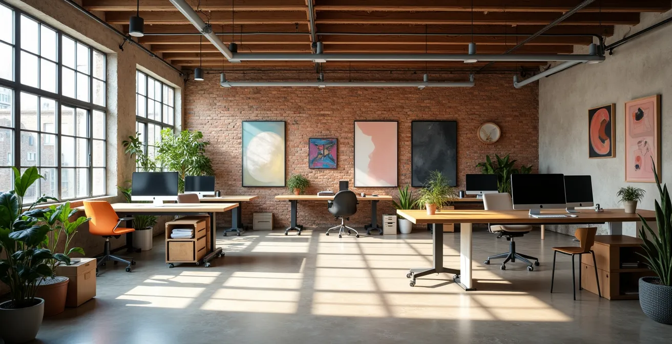 Offener Arbeitsraum mit Atelierelementen und flexiblen Arbeitszonen