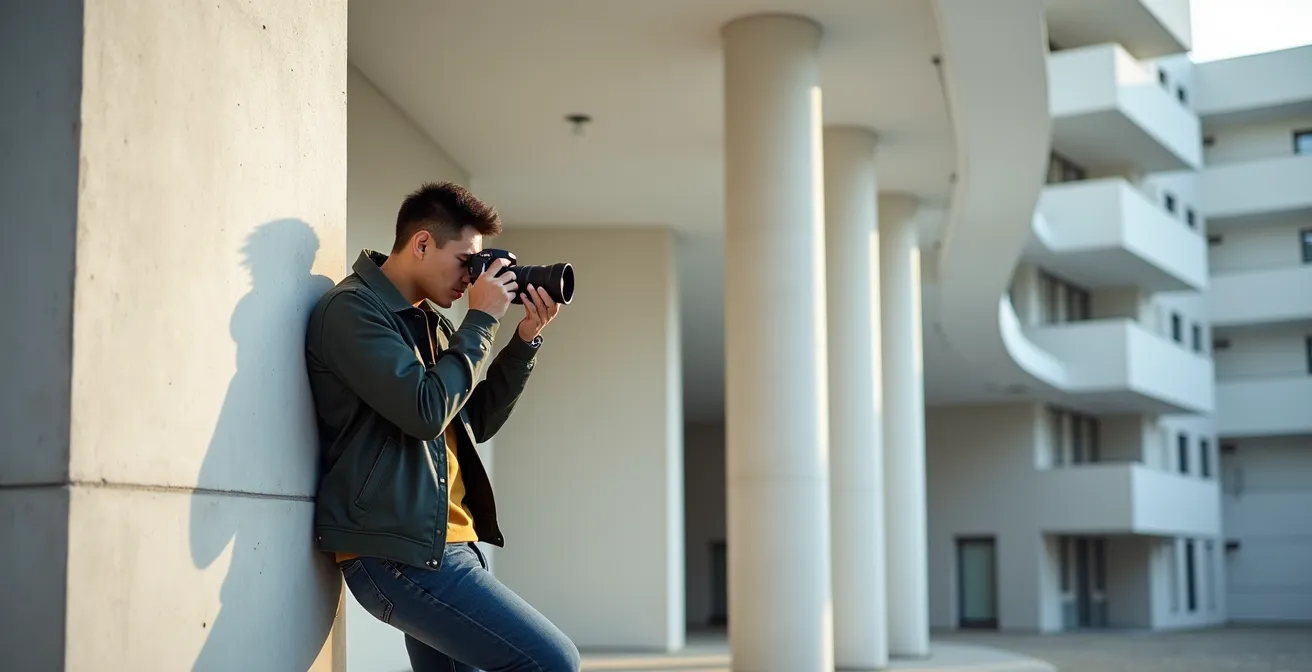 Fotograf lehnt sich an Laternenpfahl zur Stabilisierung der Kamera