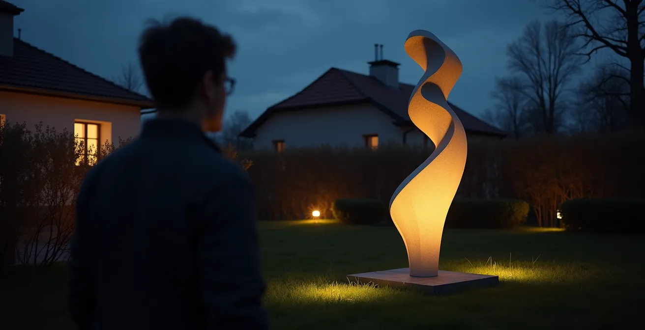 Dramatisch beleuchtete Gartenskulptur bei Nacht, deren Konturen durch Solarspots hervorgehoben werden.