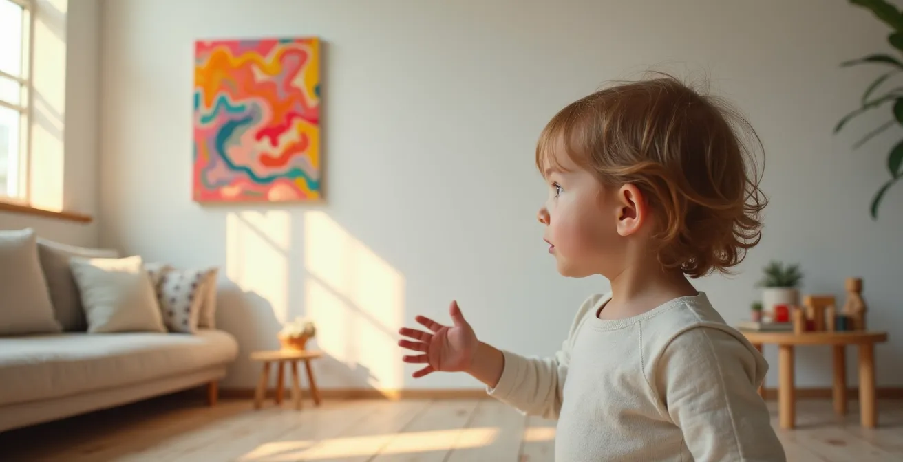 Kind betrachtet Kunstwerk auf seiner Augenhöhe mit Sitzsack darunter