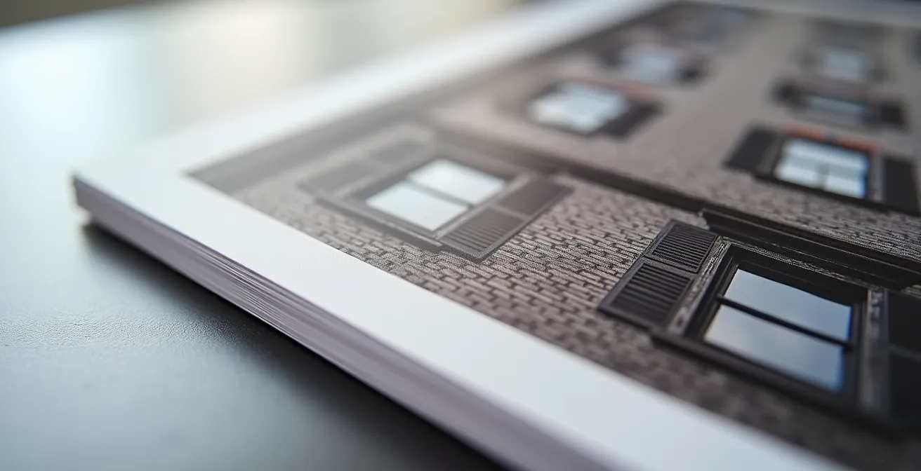 Makroaufnahme eines Architekturdrucks, die den Übergang von scharfen Details zu sichtbaren Pixeln zeigt