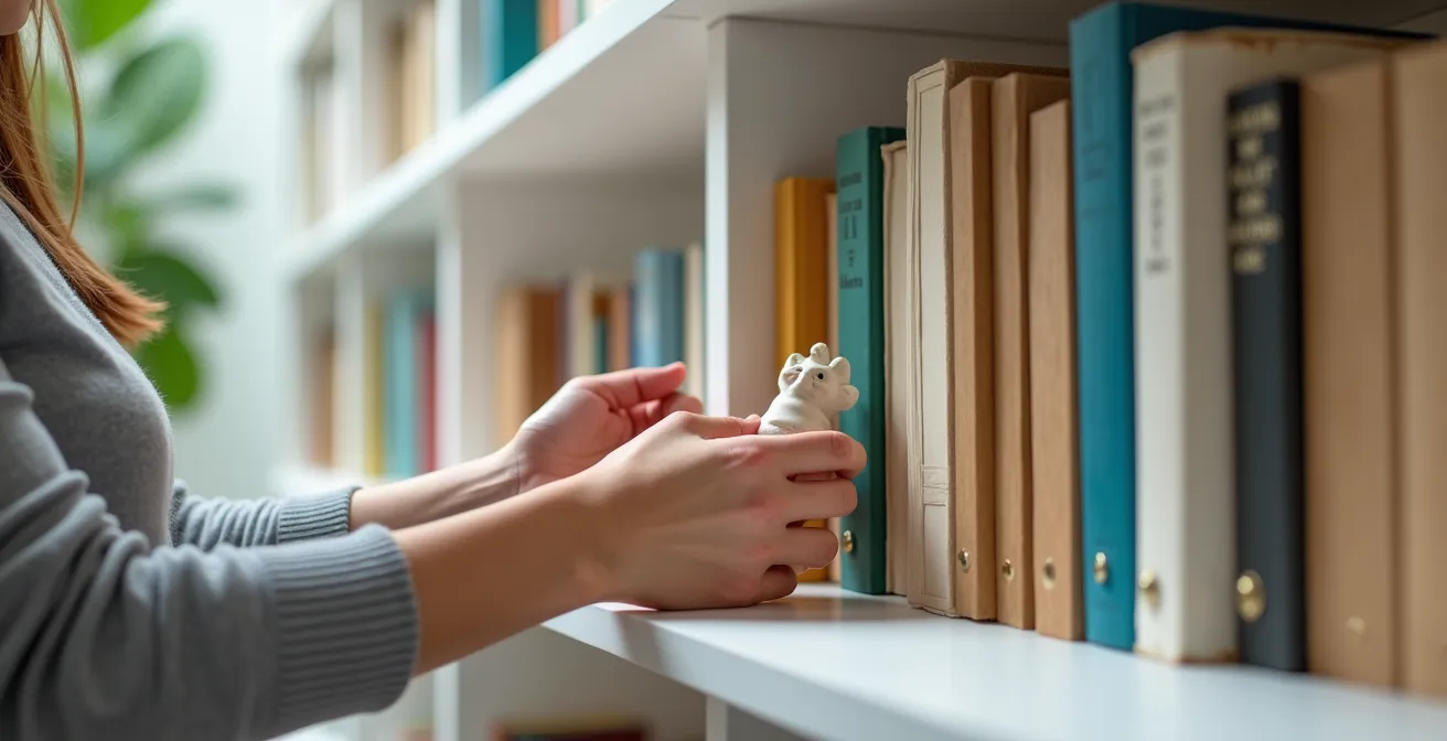 Elegantes Billy-Regal mit harmonisch arrangierten Skulpturen, Büchern und dekorativen Objekten