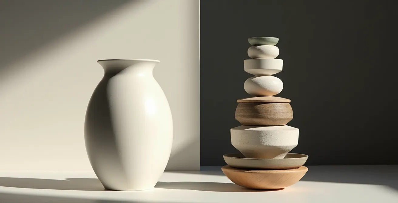 Symbolische Gegenüberstellung von zeitlosem Design und vergänglicher Trend-Dekoration