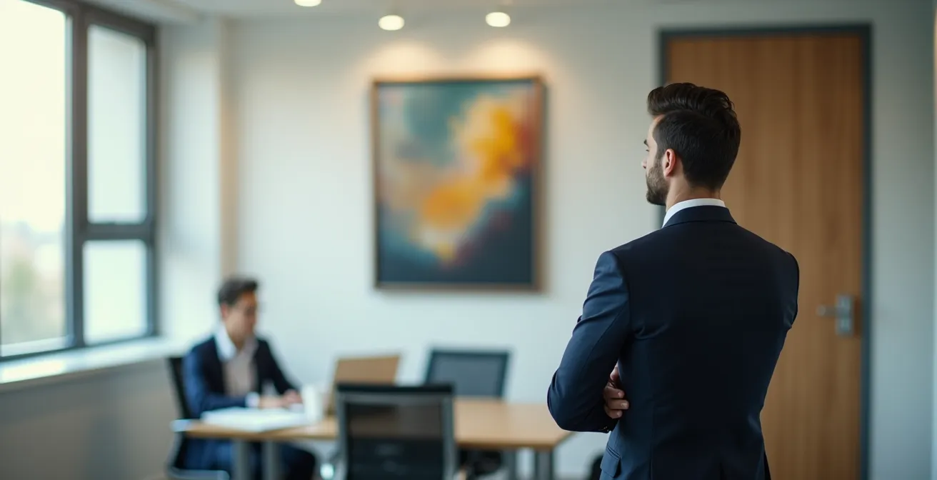 Moderne Büroumgebung mit digitalem Display zeigt abstrakte Kunst