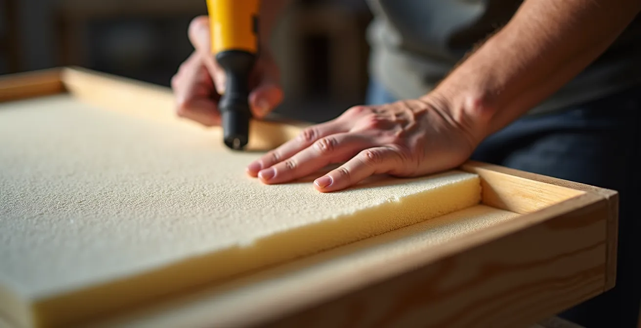 Nahaufnahme von Händen, die Akustikstoff über einen Rahmen mit Basotect-Schaumstoff spannen.