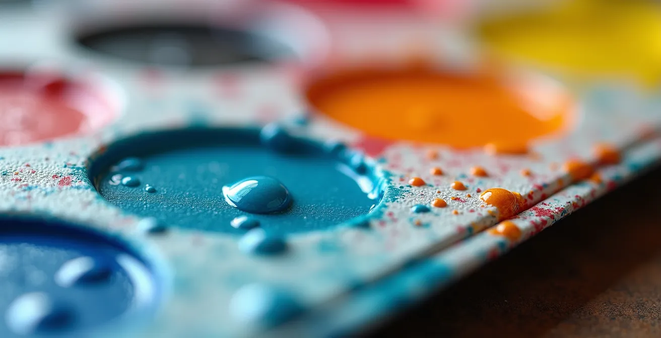 Selbstgemachte Nasspalette aus Haushaltsgegenständen für Acrylfarben, die rote, gelbe und blaue Farbtupfer frisch hält.