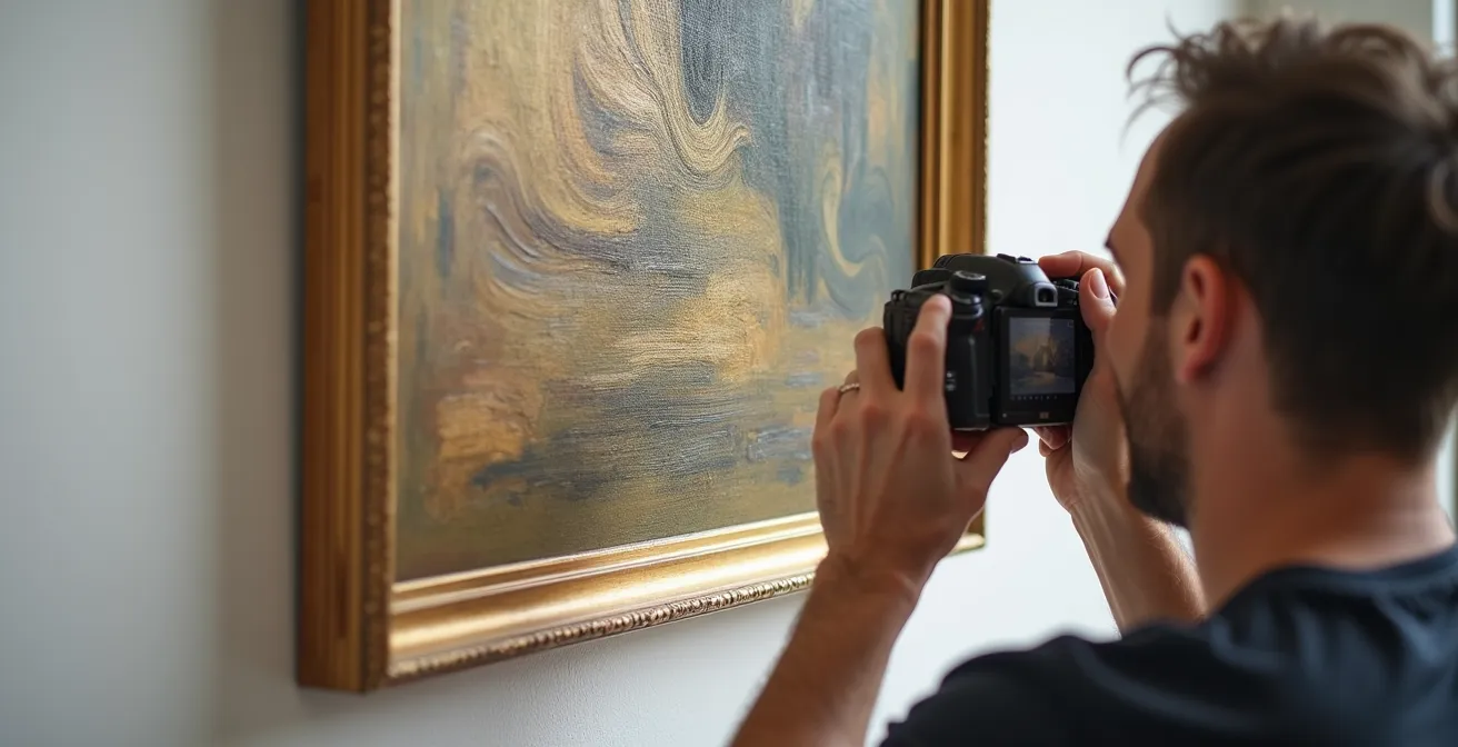 Nahaufnahme einer Hand, die ein Kunstwerk mit professioneller Kamera für Versicherungszwecke dokumentiert