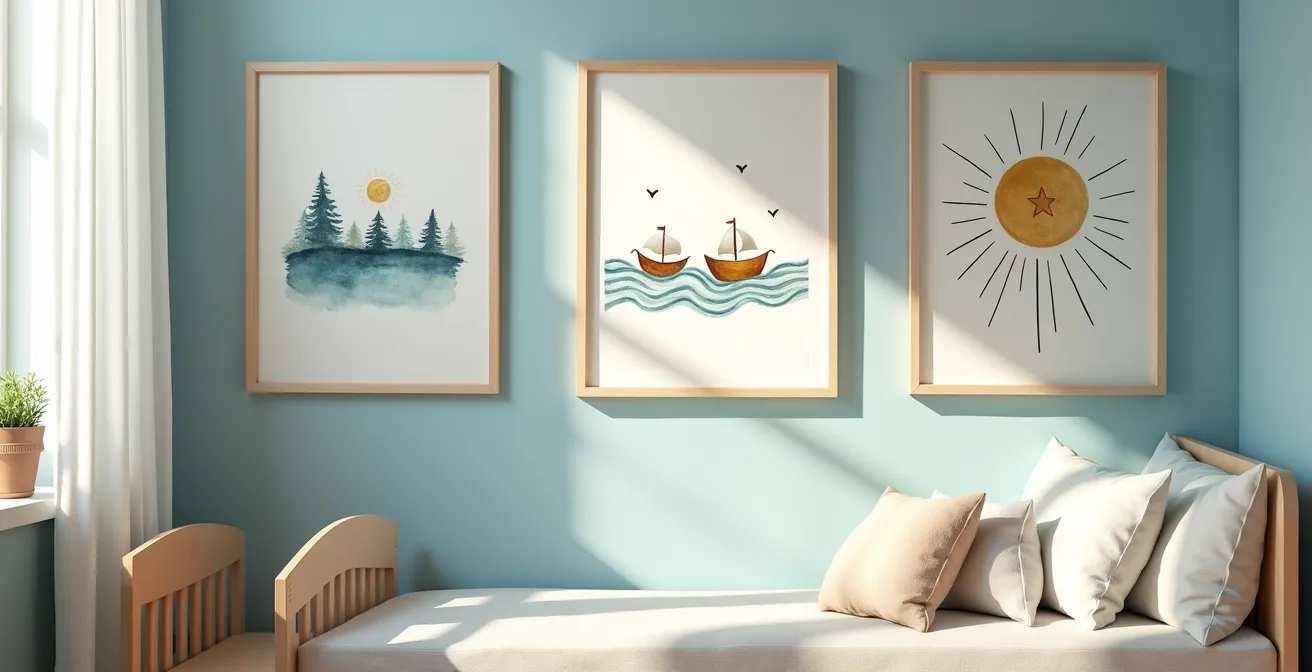 Drei gerahmte Illustrationen an der Wand die eine zusammenhängende Geschichte bilden