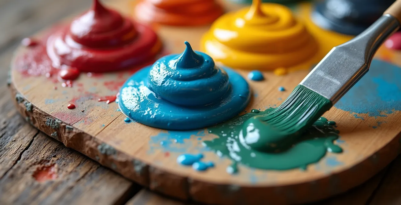 Farbpalette mit drei Hauptfarben und verschiedenen Mischungen auf Holzpalette