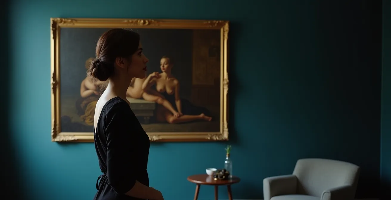 Dunkles Ölgemälde aus dem 19. Jahrhundert vor tiefblauer Wand in modernem Wohnraum