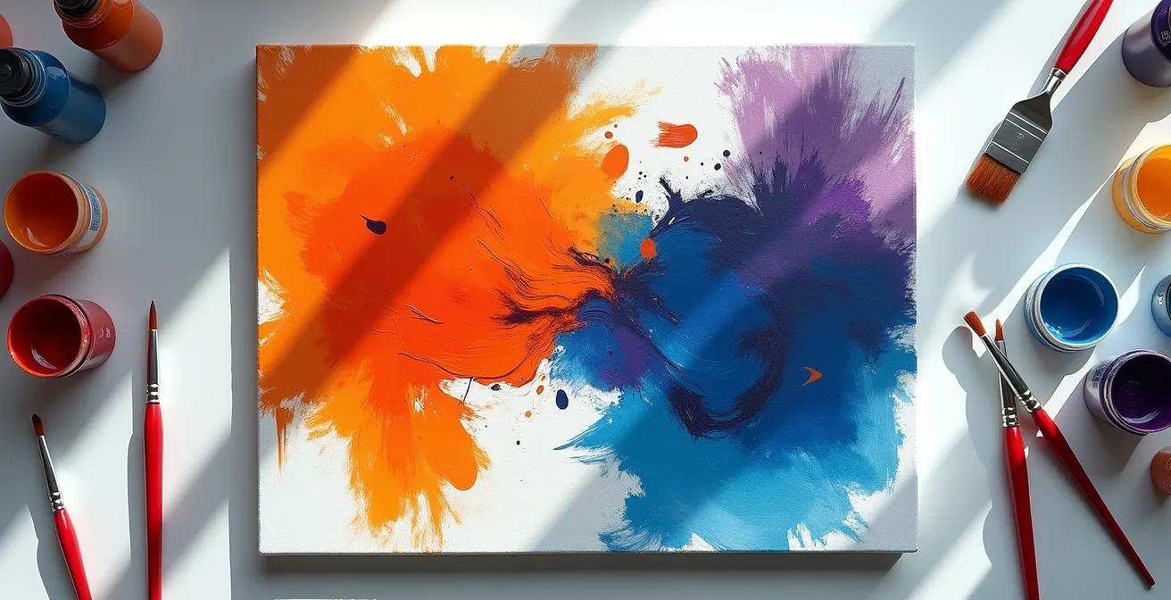 Abstrakte Farbexplosion aus emotionalen Pinselstrichen auf Leinwand