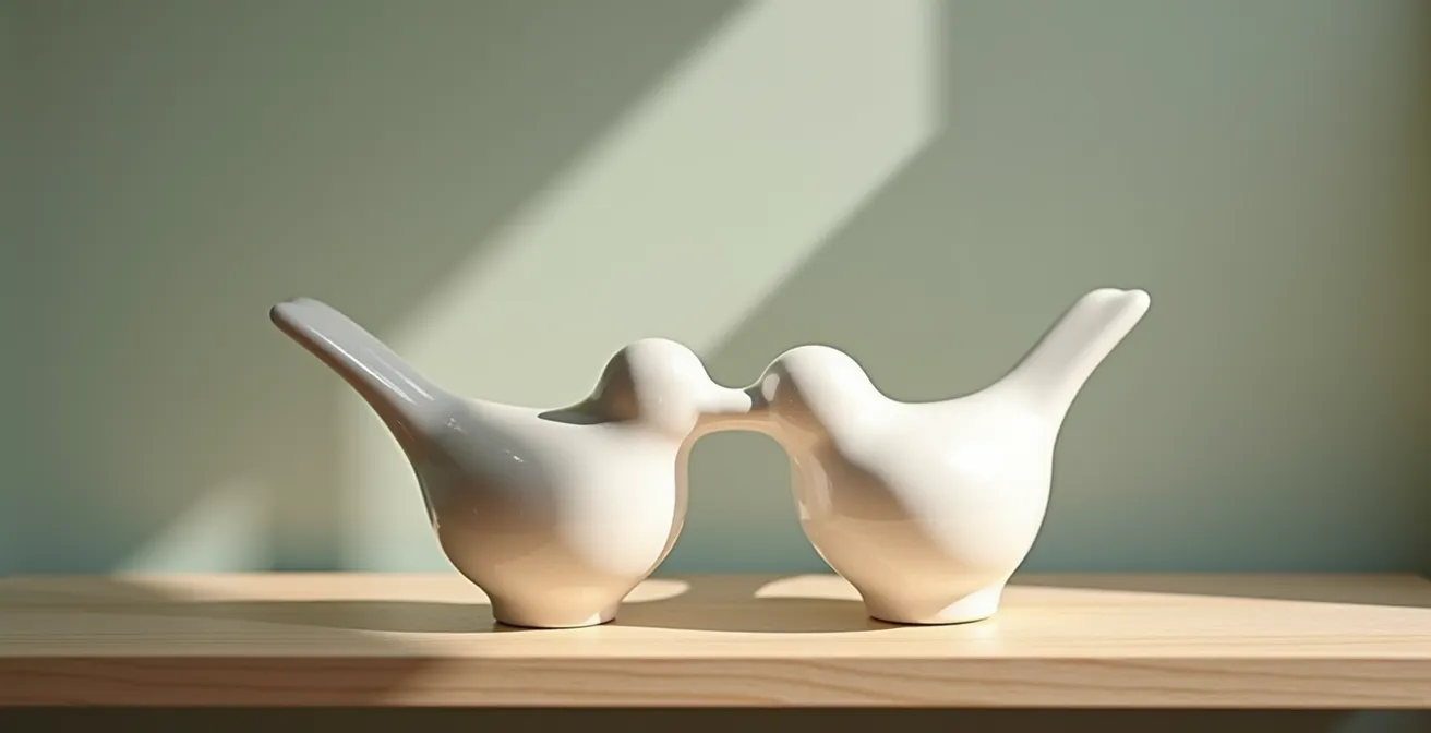 Zwei stilisierte Vogelskulpturen, die eng beieinander auf einem Regal stehen und Verbindung und Harmonie symbolisieren.