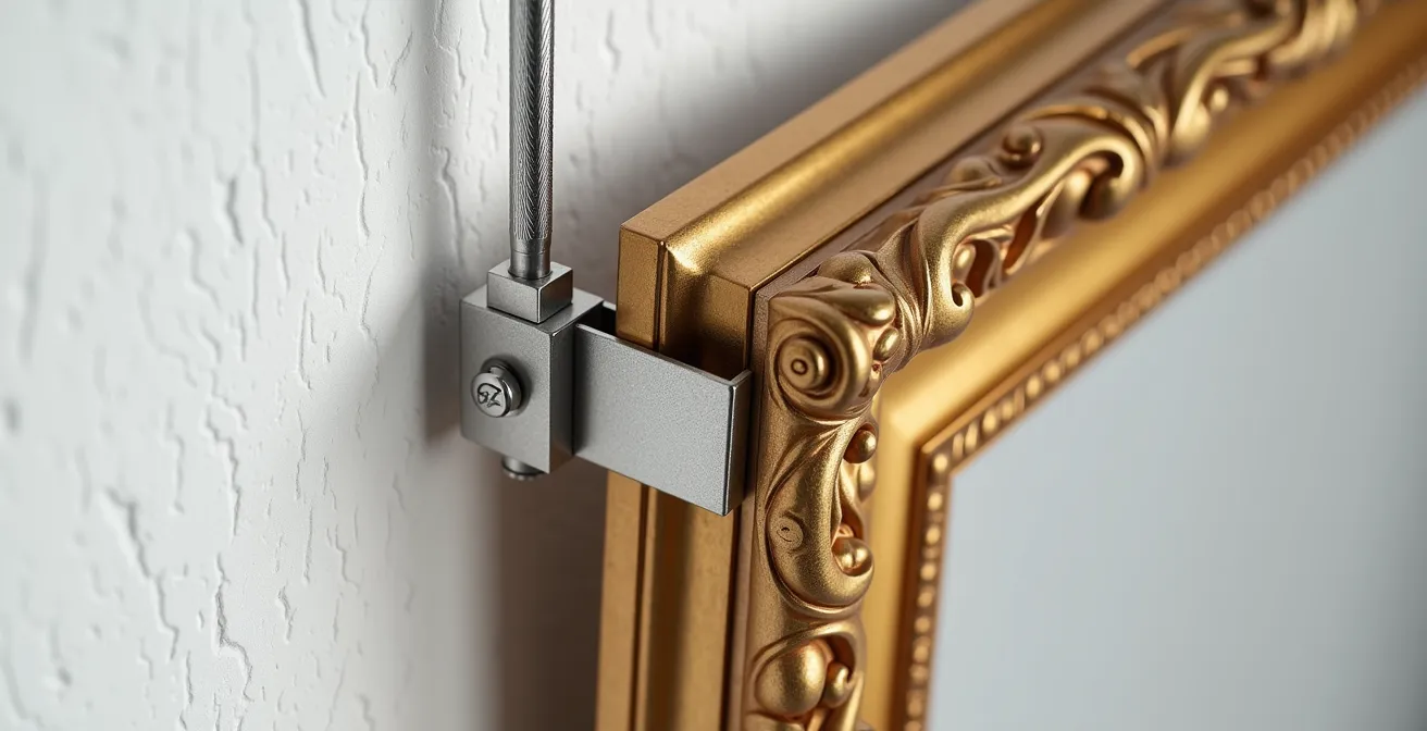 Nahaufnahme einer professionellen Galerieschiene mit schwerem Ölgemälde in goldenem Rahmen
