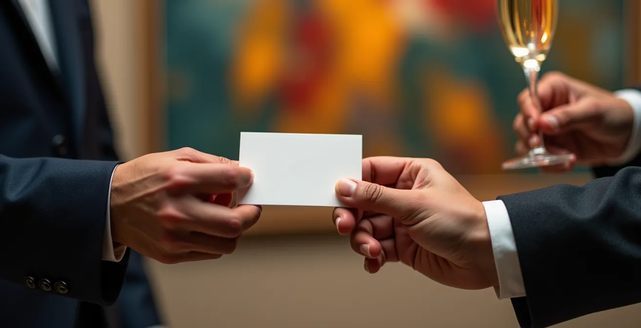 Professionelles Gespräch zwischen Galerist und Besucher bei Vernissage