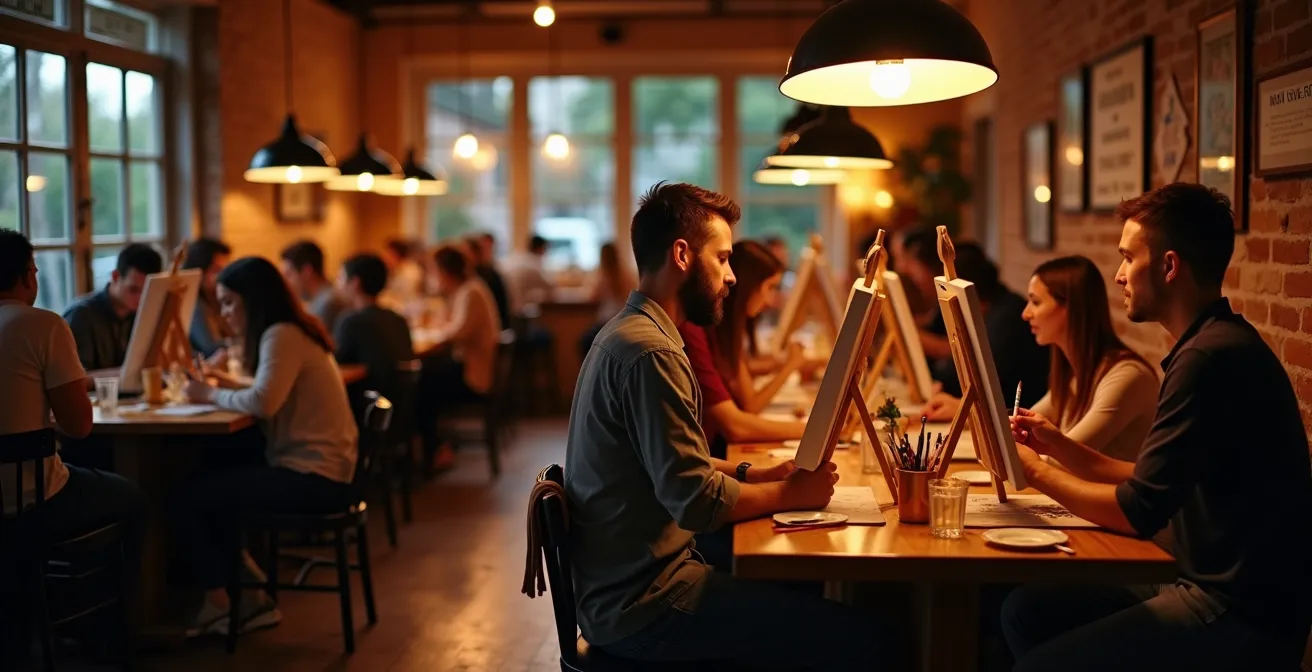 Menschen malen gemeinsam in gemütlicher Bar-Atmosphäre mit warmem Licht
