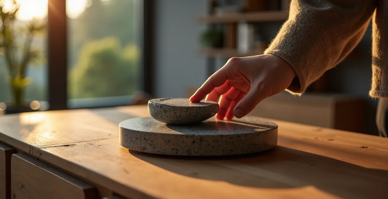 Edle Kombination aus Granit und Eichenholz im modernen Wohnbereich, die den Kontrast zwischen warm und kalt betont.