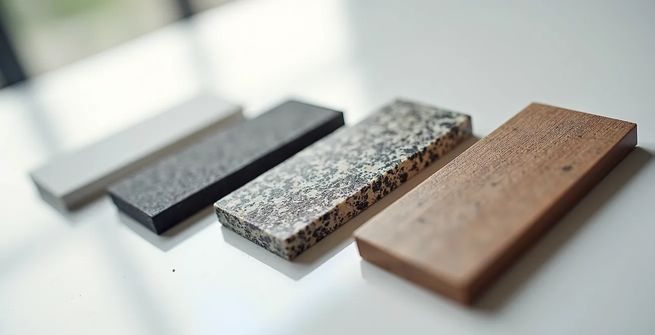 Vergleich verschiedener Granit-Oberflächenbearbeitungen, die von poliert und glänzend bis zu rau und matt reichen.