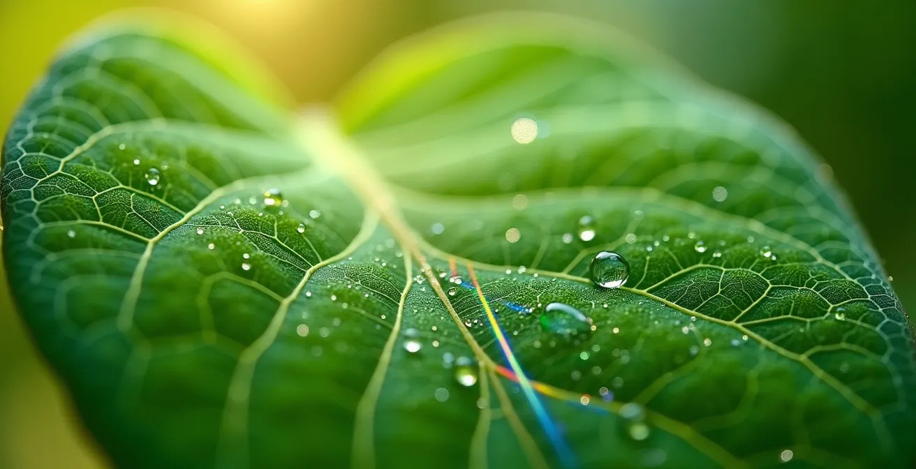 Makroaufnahme von grünen Blättern mit digitalen Netzwerkstrukturen