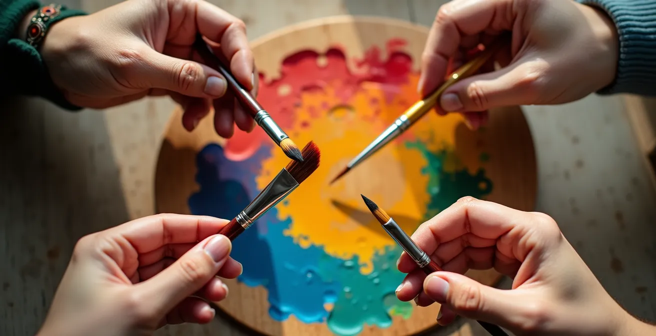 Vier Hände halten gemeinsam Pinsel über einer bunten Farbpalette