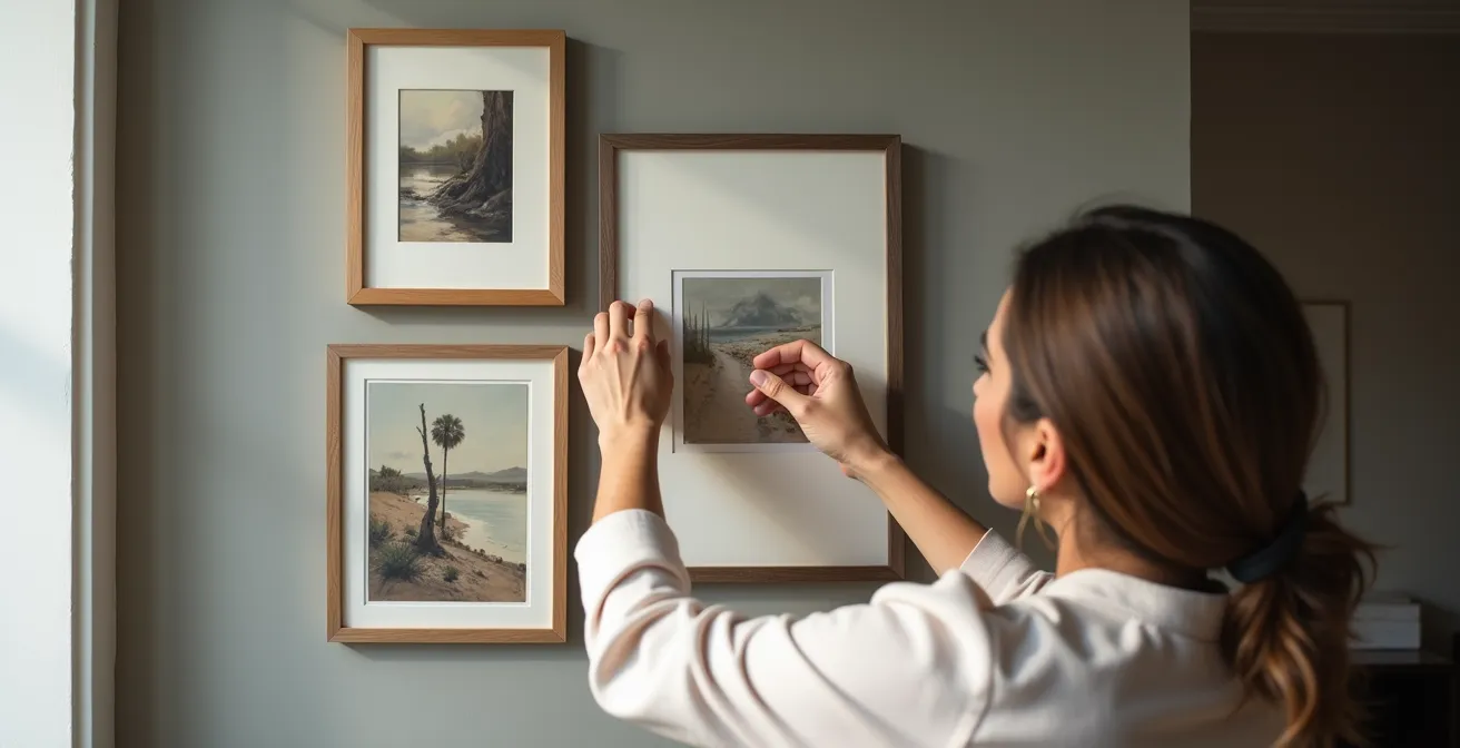 Elegante Galeriewand mit einem kleinen Original-Ölgemälde umgeben von drei gerahmten Kunstdrucken in harmonischer Anordnung