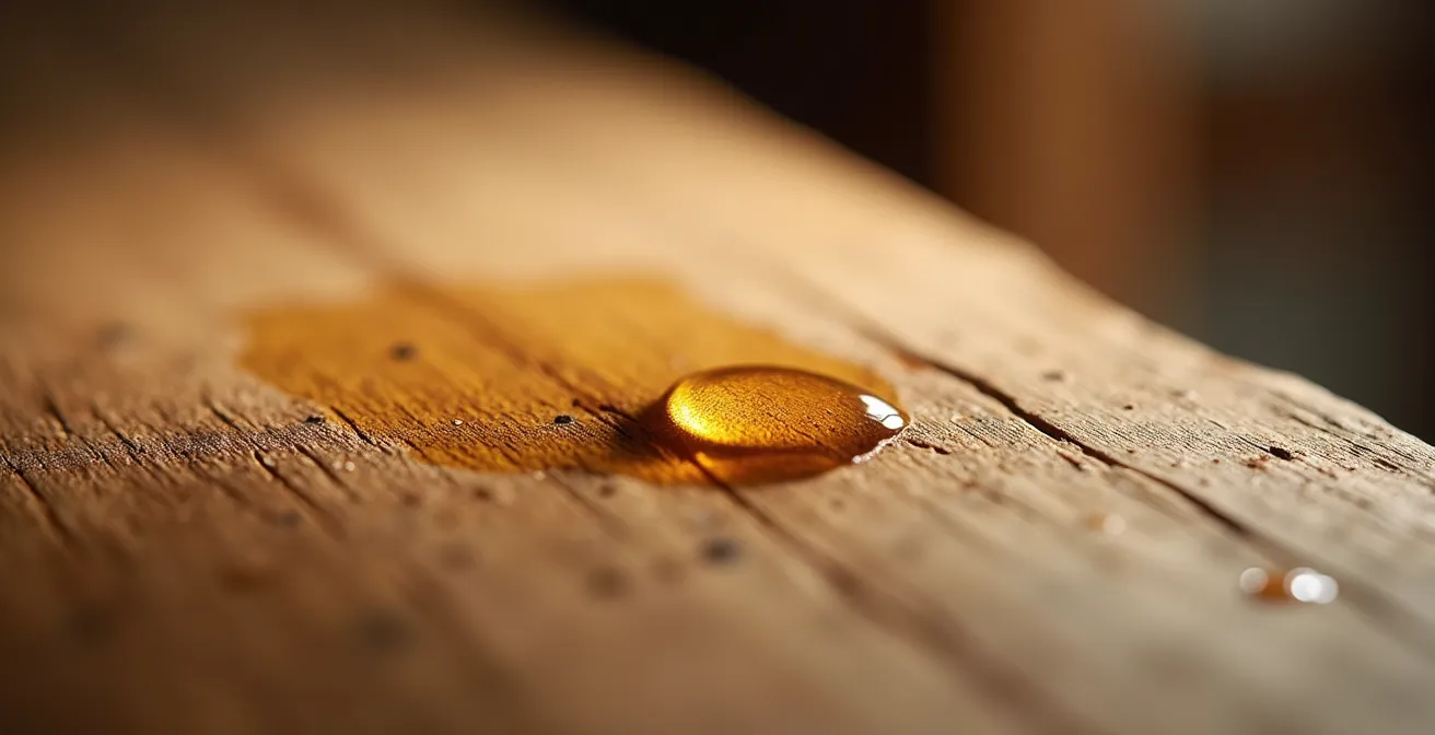 Makroaufnahme von geöltem Lindenholz, bei der die feine Maserung durch einen Tropfen Öl hervorgehoben wird.