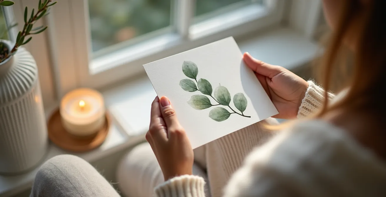 Minimalistisches Aquarell eines Eukalyptuszweigs im skandinavischen Hygge-Stil