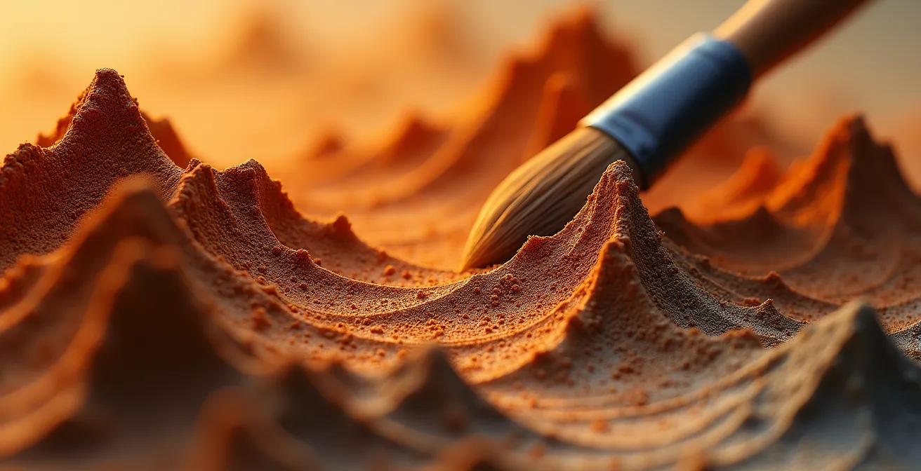 Makroaufnahme zeigt Staubansammlung in den Vertiefungen einer Impasto-Malerei