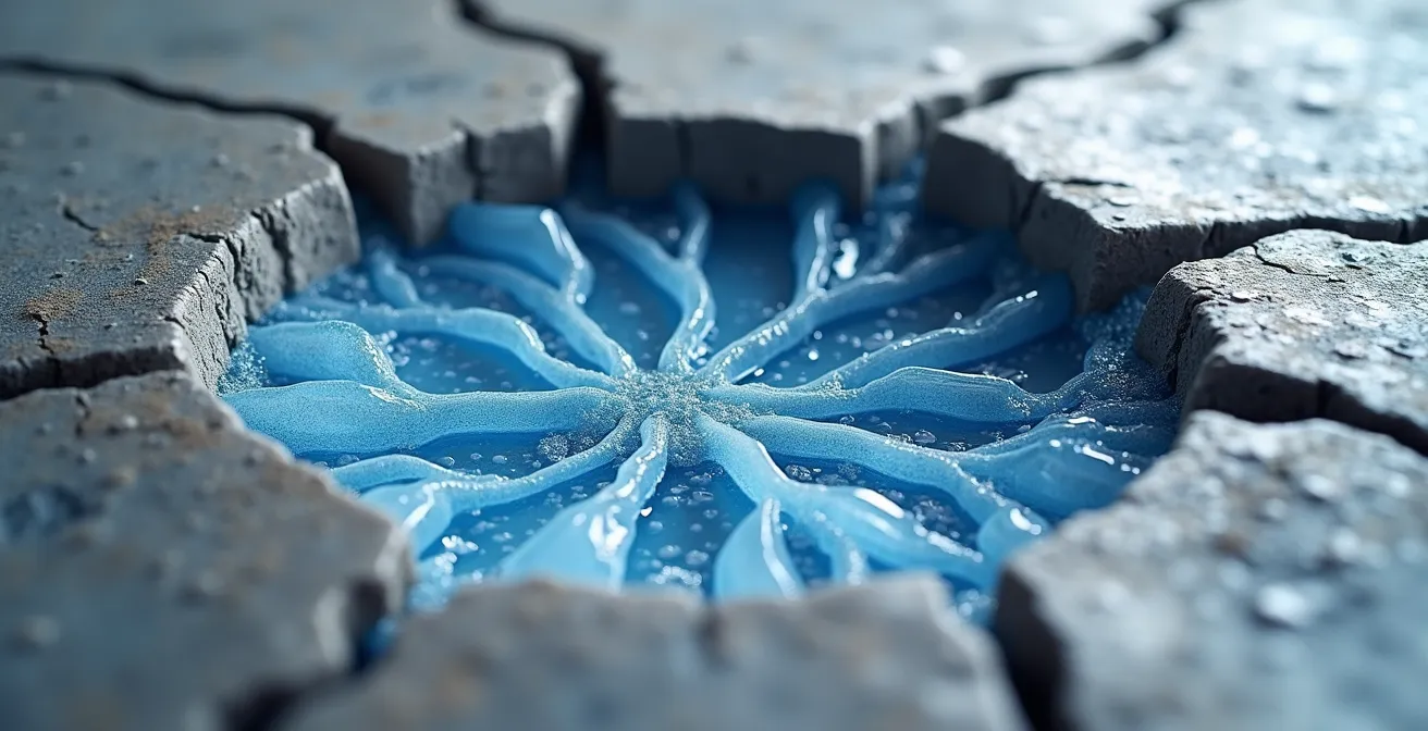Mikroskopische Ansicht der Porenstruktur in Beton mit eindringendem Wasser und Eiskristallen