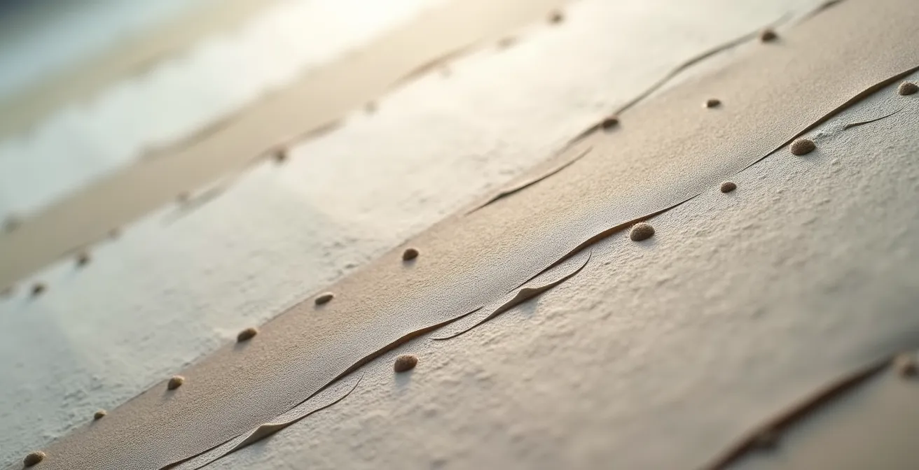 Detailansicht verschiedener Klebesysteme auf grober Raufasertapete