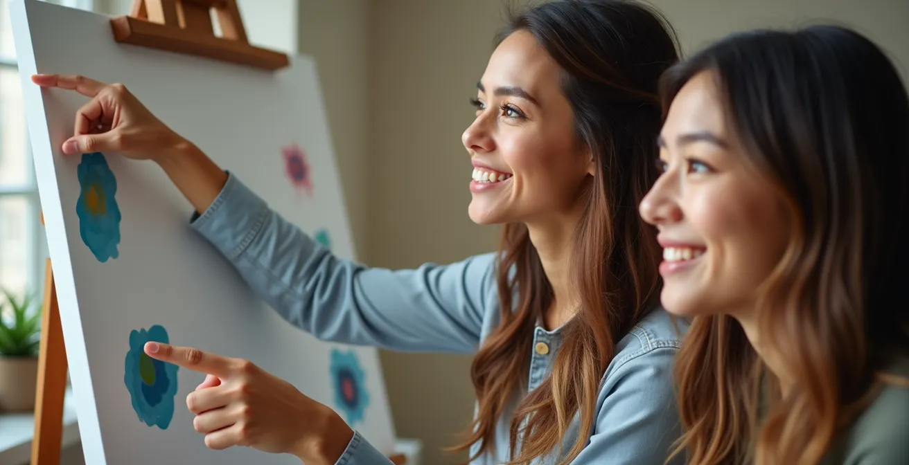 Zwei Personen im konstruktiven Dialog über kreative Arbeit in einem hellen Raum
