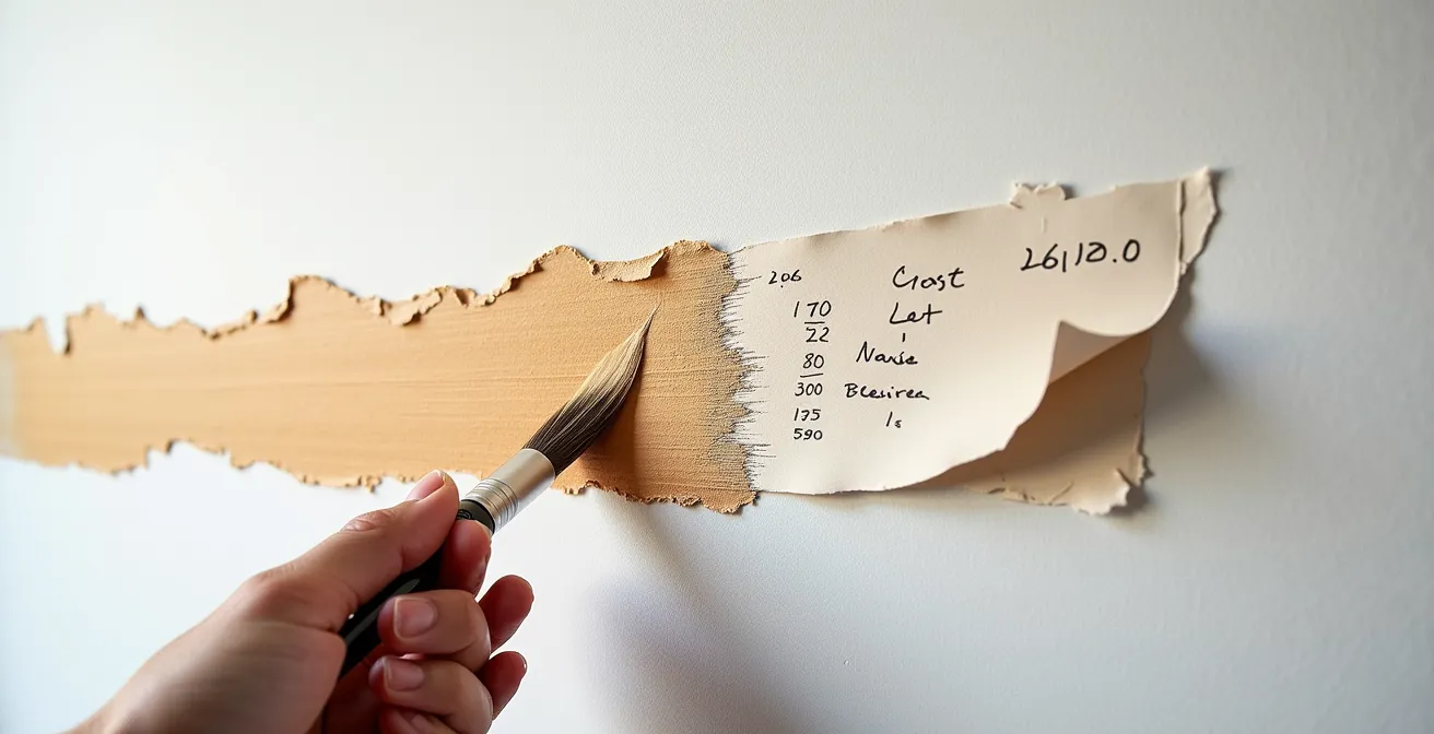 Detailaufnahme von Künstlerhand beim Auftragen von Wandfarbe neben hochwertiger Tapete