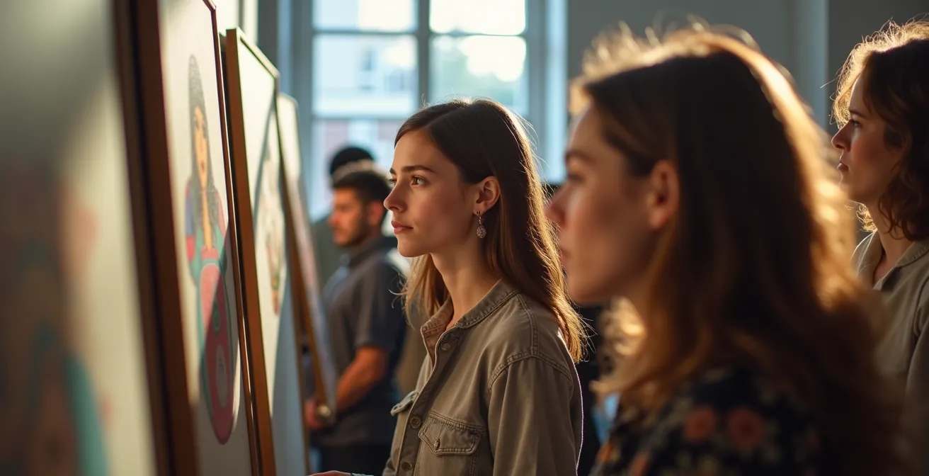 Besucher erkunden Kunstwerke beim Rundgang der Düsseldorfer Kunstakademie