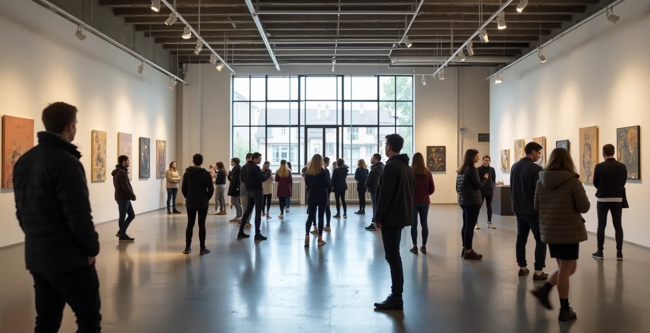 Weitläufige Kunsthochschul-Ateliers während des Rundgangs mit Besuchern und Kunstwerken