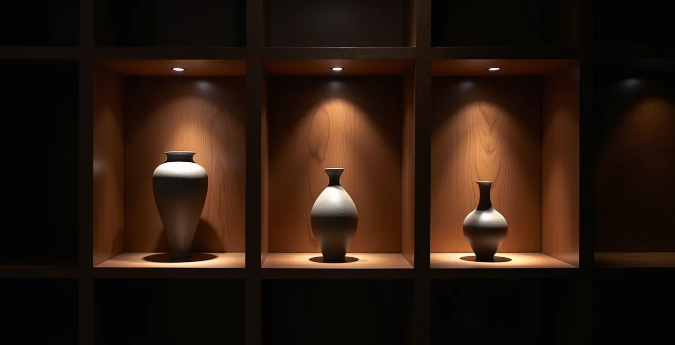 Beleuchtete Kunstobjekte in einem dunklen Regal mit dramatischem Lichtspiel durch kabellose LED-Spots.