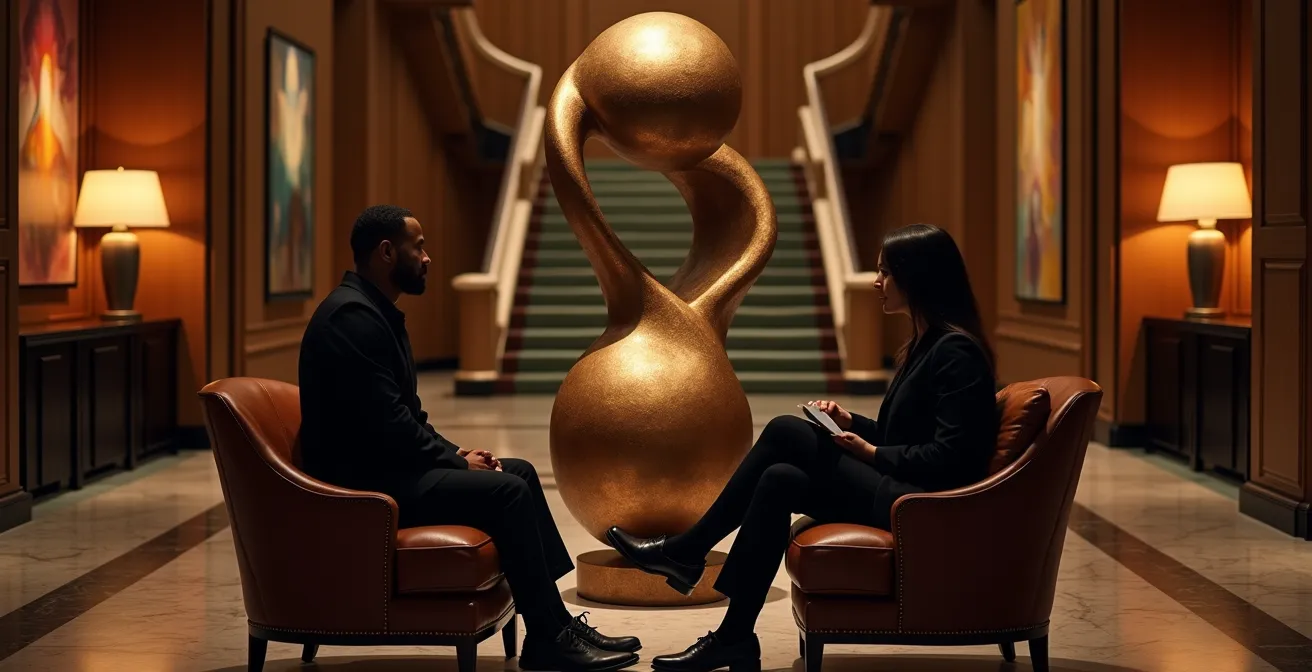 Elegante Hotellobby mit Kunstwerken und Sammlern, die in diskretem Gespräch vertieft sind und die exklusive Atmosphäre unterstreichen