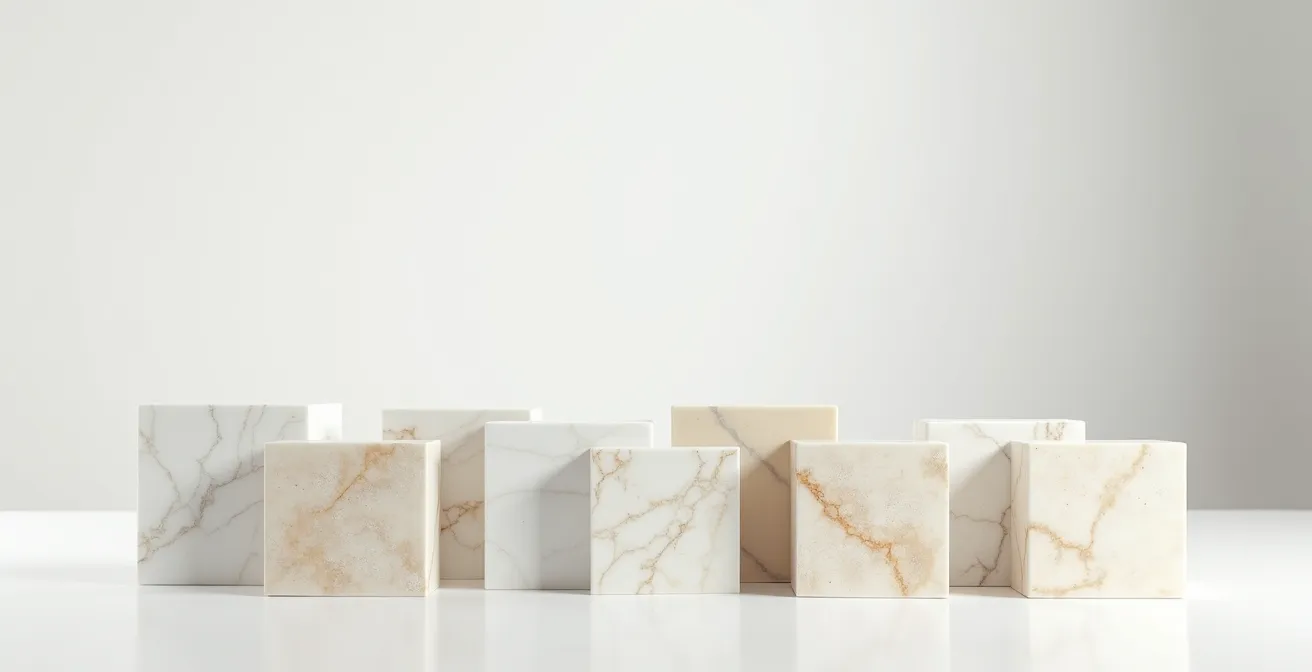 Vergleichsaufnahme verschiedener Marmorsorten mit unterschiedlichen Vergilbungsgraden