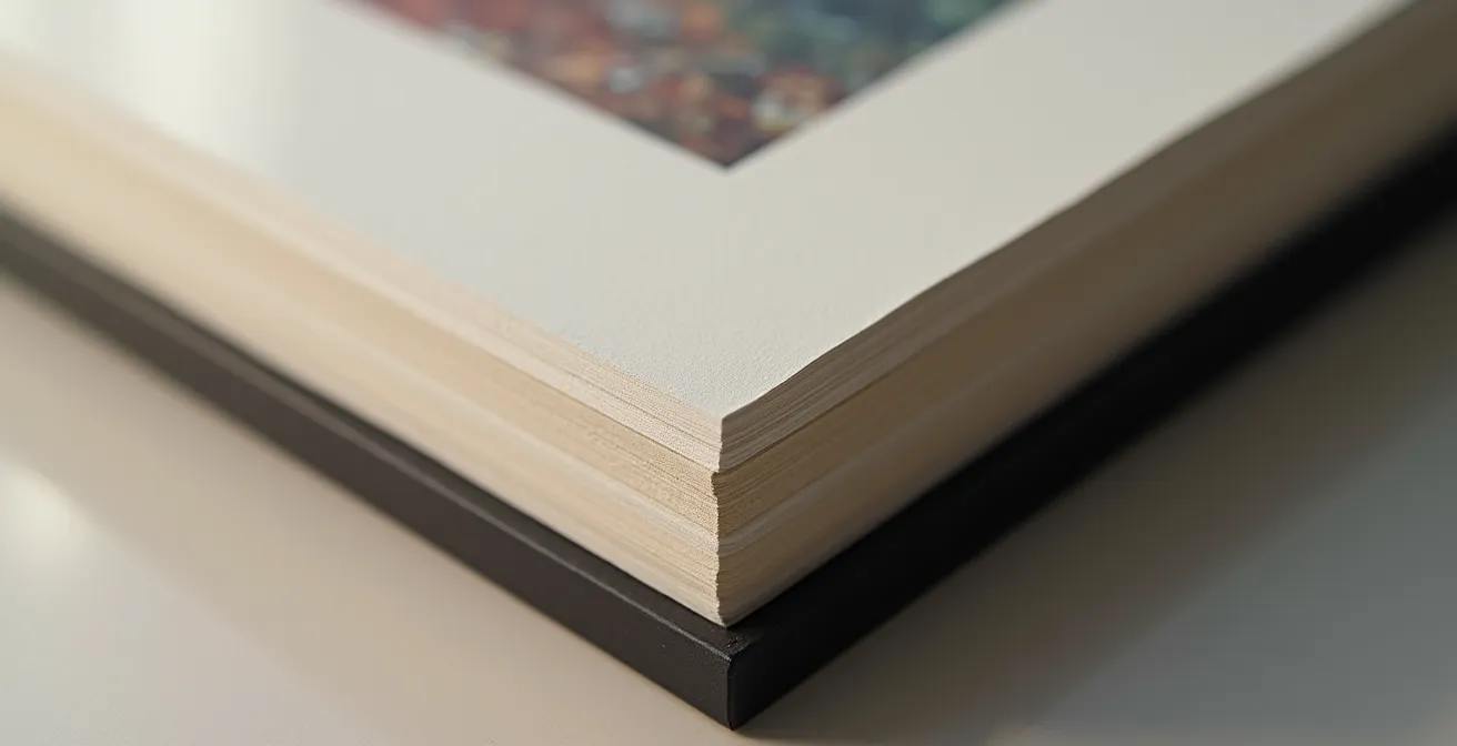 Nahaufnahme eines matten Kunstdrucks hinter entspiegeltem Museumsglas mit sichtbarer Textur und Tiefenwirkung