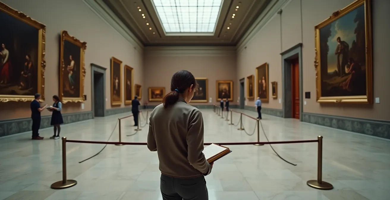 Künstler studiert alte Meisterwerke im Museum mit Skizzenbuch