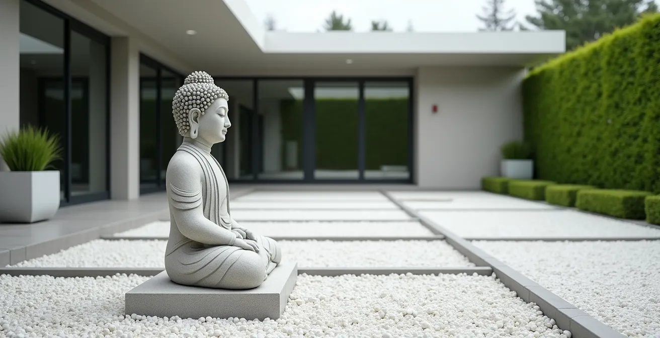 Buddha-Statue aus hellem Stein in minimalistischem deutschen Zen-Garten mit Kiesflächen