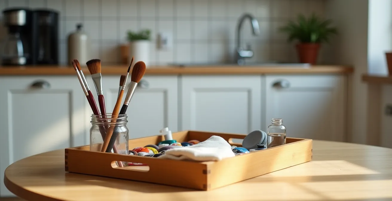 Ein kompaktes, mobiles Mal-Set in einer Holzkiste, ordentlich auf einem Küchentisch in einer deutschen Wohnung platziert.