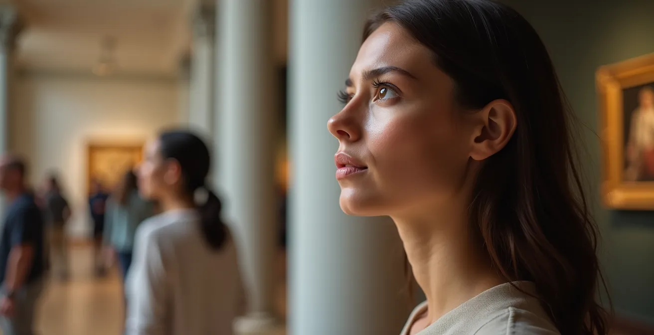 Nahaufnahme eines konzentrierten Museumsbesuchers beim Betrachten eines Kunstwerks