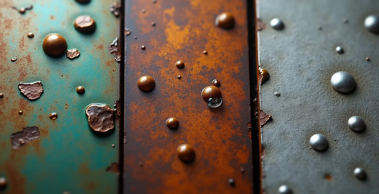 Makroaufnahme verschiedener Patina-Oberflächen auf Gartenskulpturen, die die Texturen von Bronze, Cortenstahl und Beton zeigen.