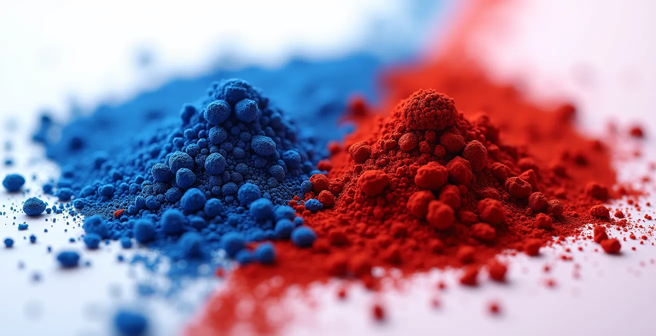 Makroaufnahme von synthetischen und natürlichen Pigmentpartikeln, die den Unterschied in Struktur und Farbintensität zeigen