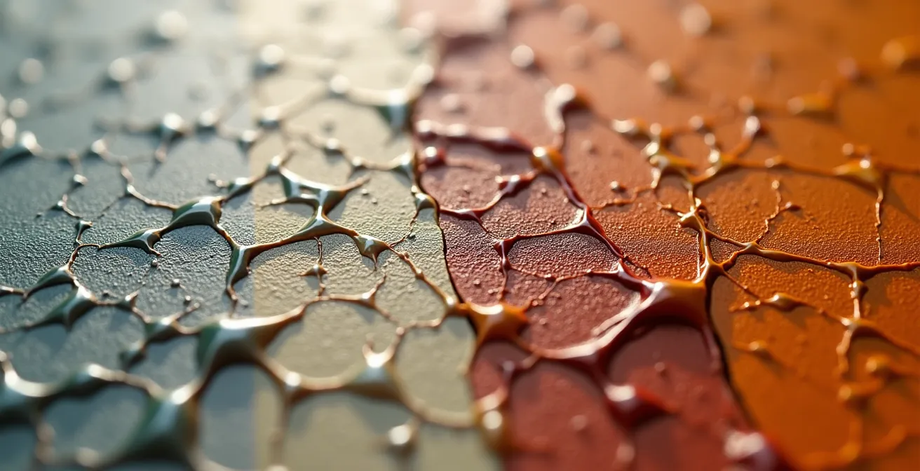 Makroaufnahme echter Pinselstriche auf handgemalter Oberfläche, die die unregelmäßige Textur zeigt